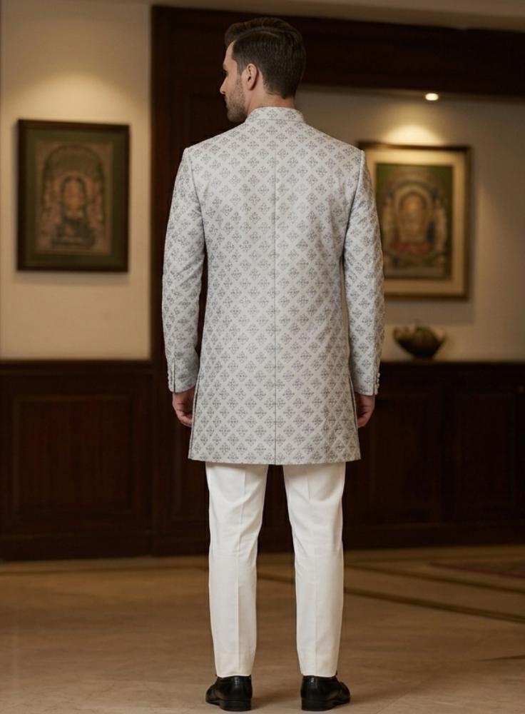 Light Grey Indo Western Sherwani for Men, Groom Wedding outfit, Custom Fit Achkan