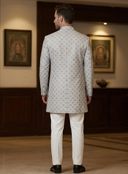 Light Grey Indo Western Sherwani for Men, Groom Wedding outfit, Custom Fit Achkan