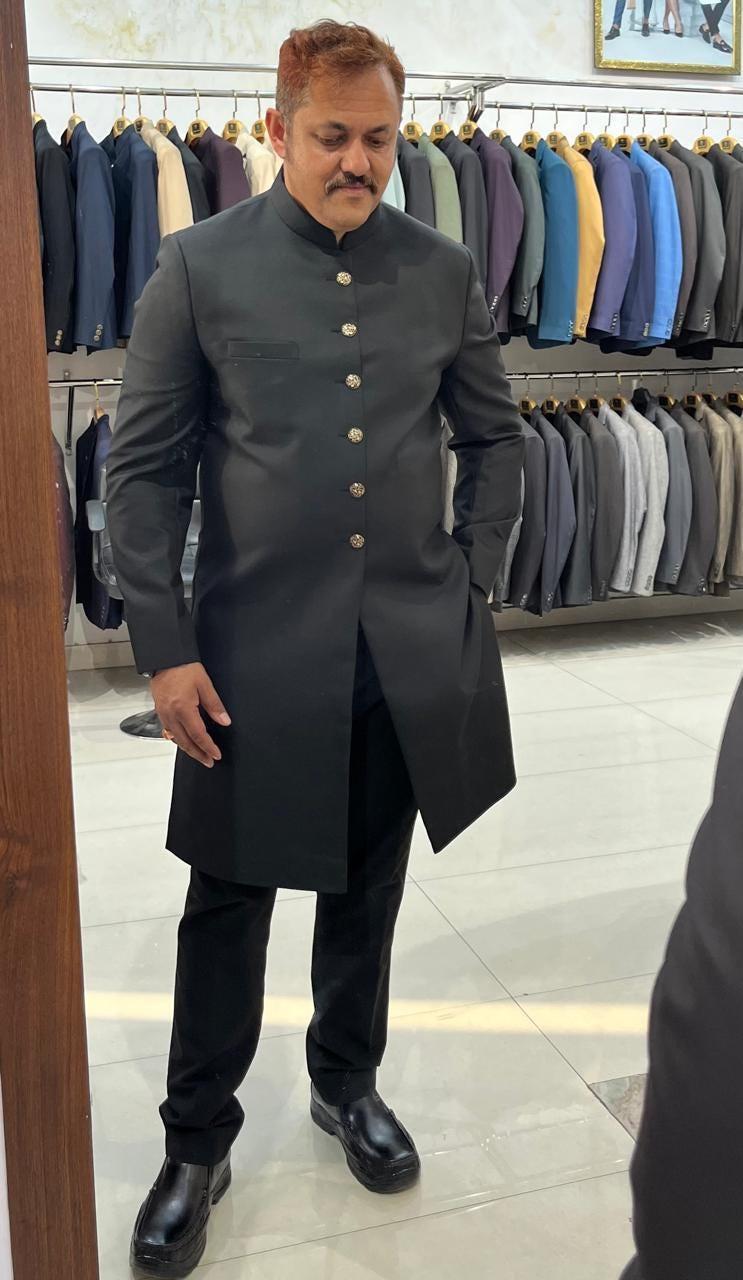 Mens Black Bandhgala Achkan Suit, Indo-Western Wedding Sherwani Set