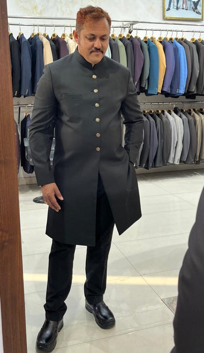Mens Black Bandhgala Achkan Suit, Indo-Western Wedding Sherwani Set