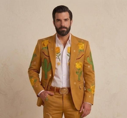 Custom Mustard Yellow Cowboy Groom Suit, Men’s Two-Piece Rodeo Wedding Outfit