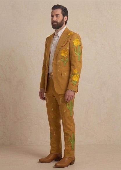Custom Mustard Yellow Cowboy Groom Suit, Men’s Two-Piece Rodeo Wedding Outfit