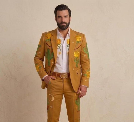 Custom Mustard Yellow Cowboy Groom Suit, Men’s Two-Piece Rodeo Wedding Outfit