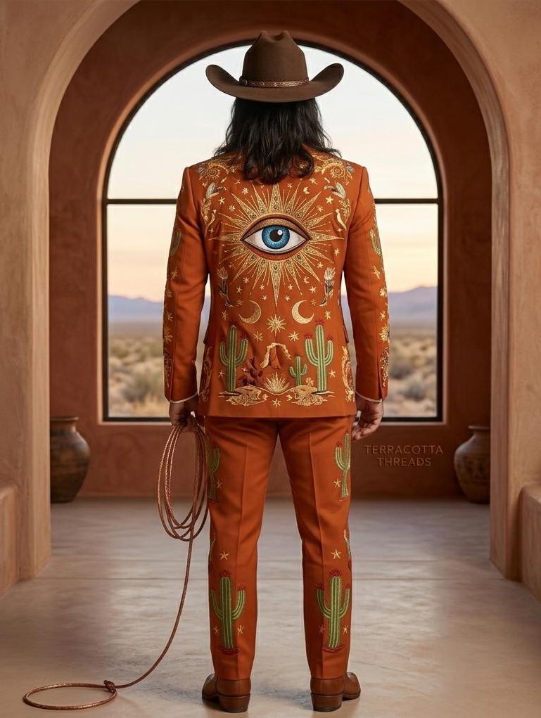 Rust Color Elegant Groom Cowboy Suit, Western Embroidered Statement Suit