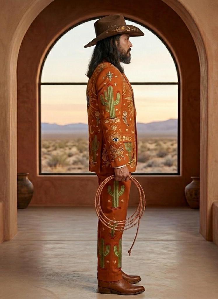 Rust Color Elegant Groom Cowboy Suit, Western Embroidered Statement Suit