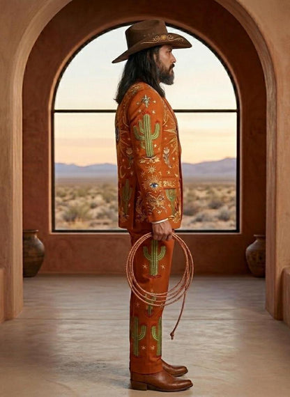 Rust Color Elegant Groom Cowboy Suit, Western Embroidered Statement Suit