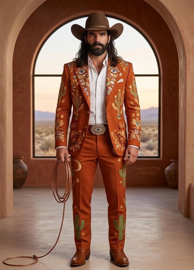 Rust Color Elegant Groom Cowboy Suit, Western Embroidered Statement Suit