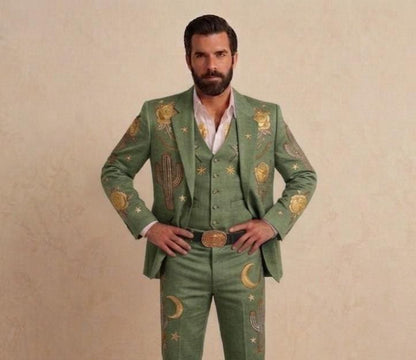 Sage Green Linen Western Embroidered 3 Piece Groom Suit, Cowboy Rodeo Outfit