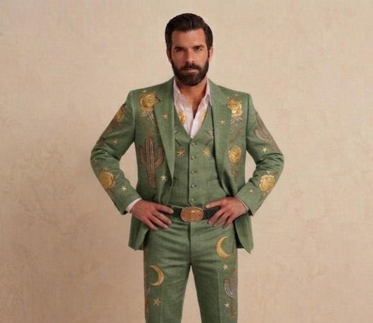 Sage Green Linen Western Embroidered 3 Piece Groom Suit, Cowboy Rodeo Outfit