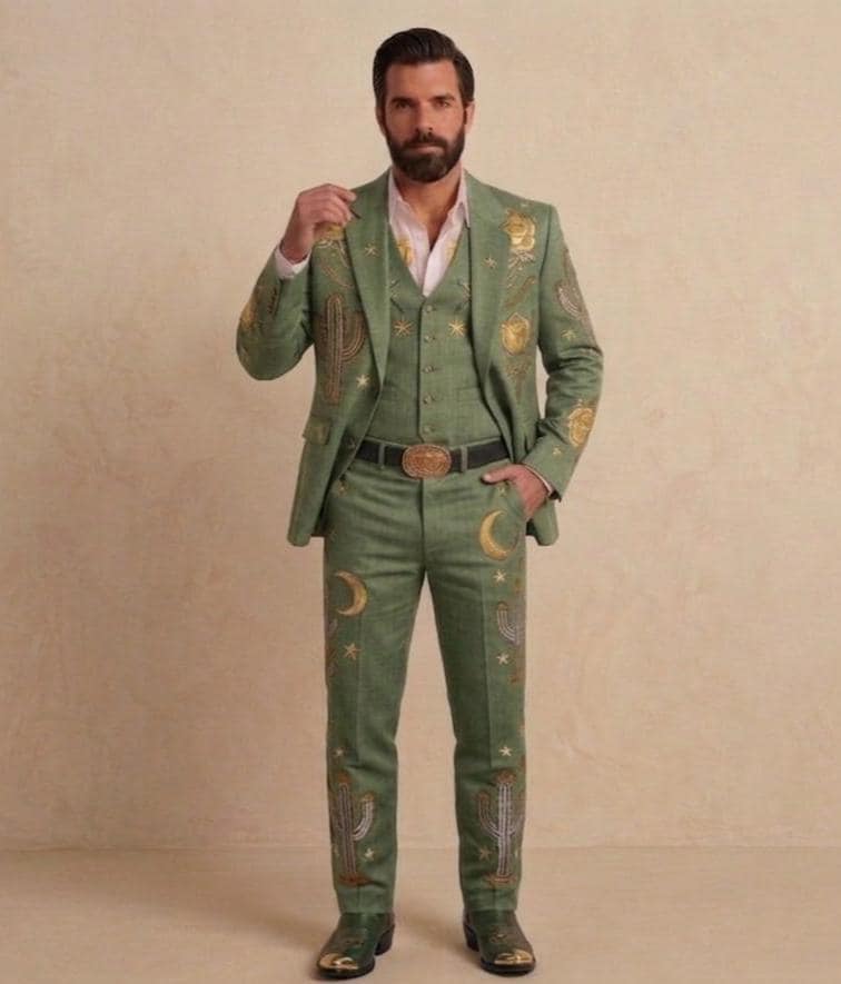 Sage Green Linen Western Embroidered 3 Piece Groom Suit, Cowboy Rodeo Outfit
