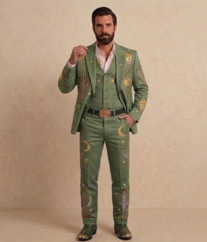 Sage Green Linen Western Embroidered 3 Piece Groom Suit, Cowboy Rodeo Outfit