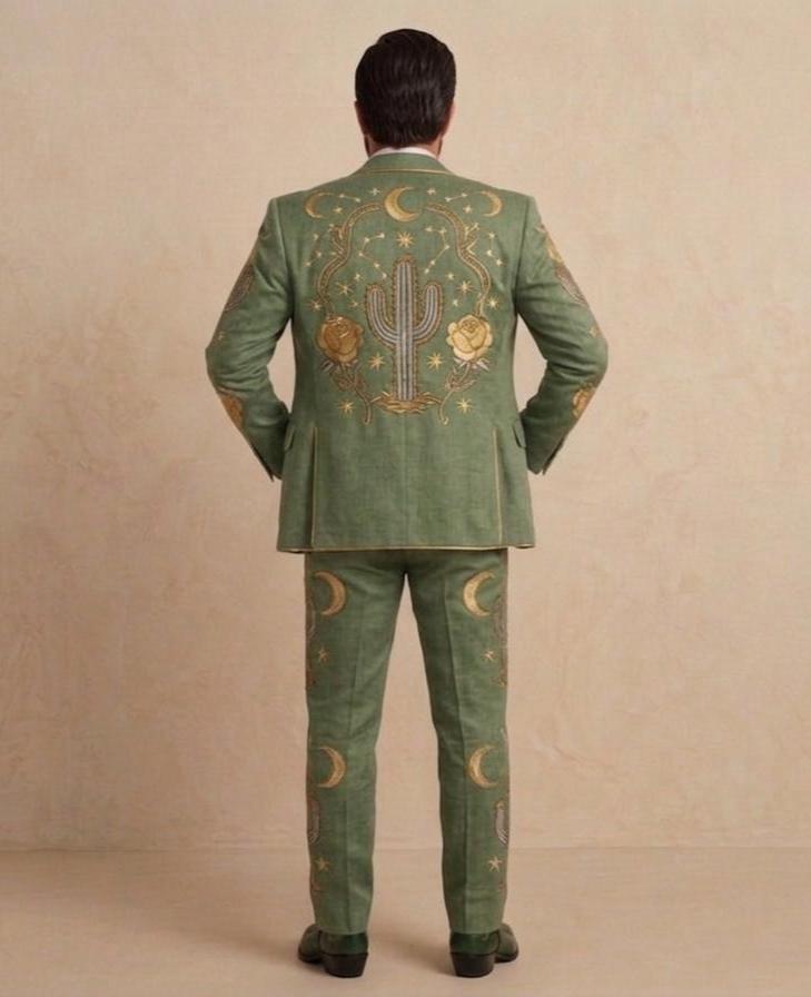 Sage Green Linen Western Embroidered 3 Piece Groom Suit, Cowboy Rodeo Outfit