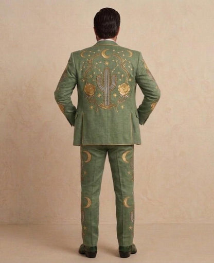 Sage Green Linen Western Embroidered 3 Piece Groom Suit, Cowboy Rodeo Outfit