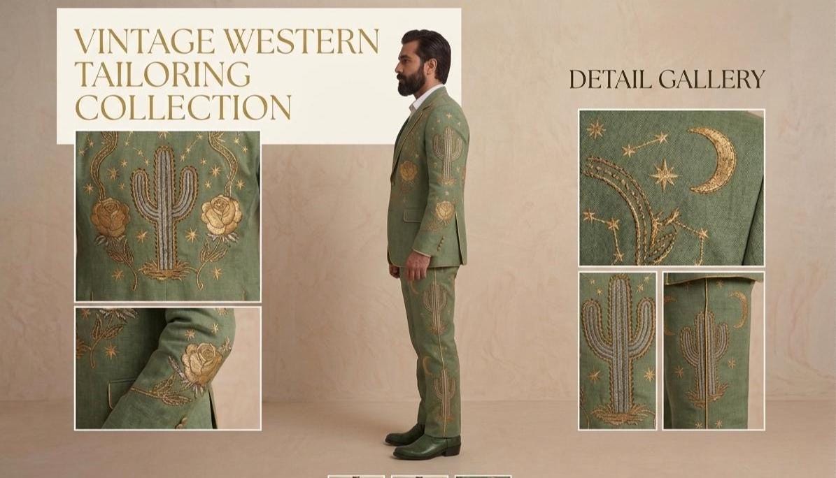 Sage Green Linen Western Embroidered 3 Piece Groom Suit, Cowboy Rodeo Outfit