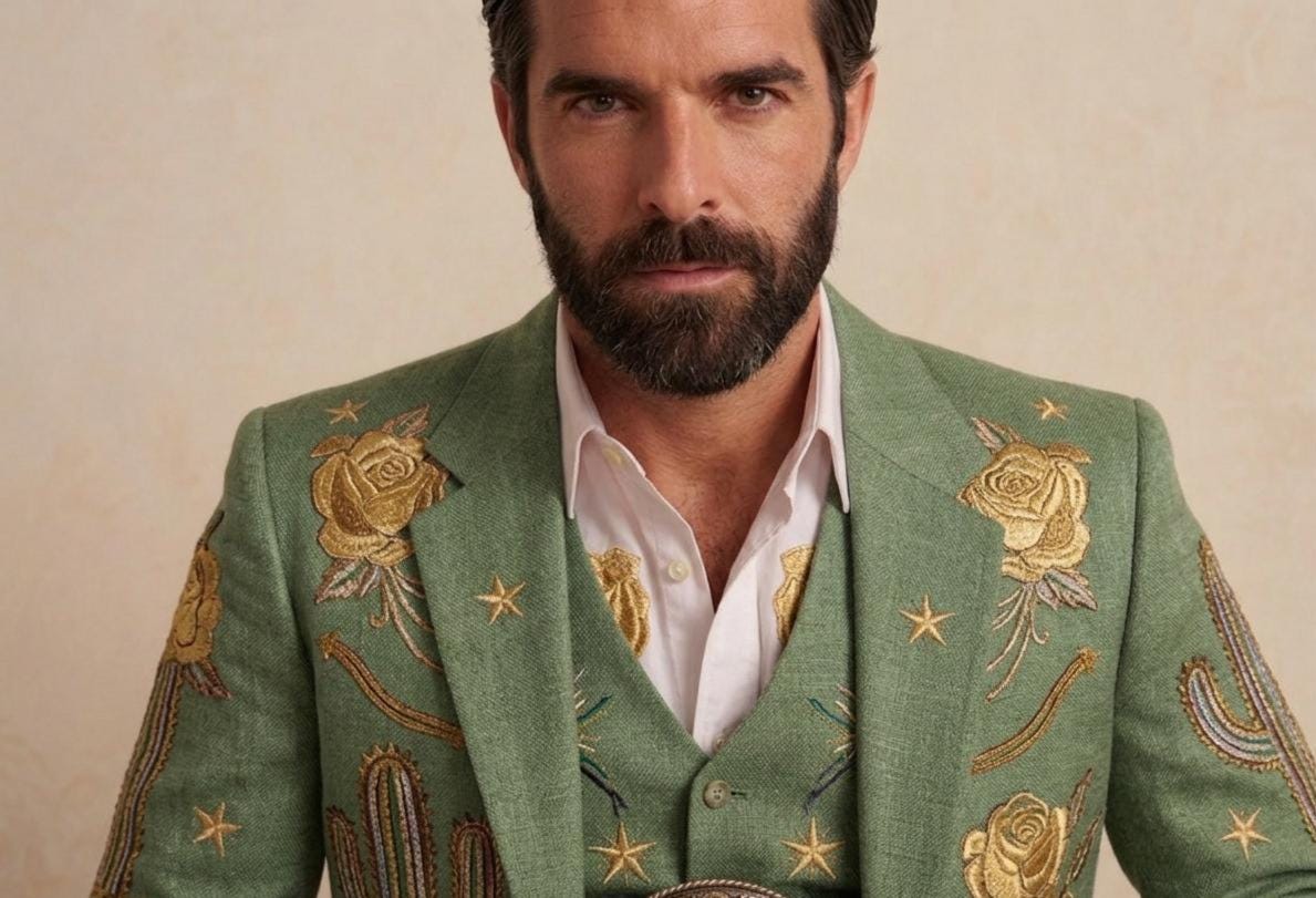 Sage Green Linen Western Embroidered 3 Piece Groom Suit, Cowboy Rodeo Outfit