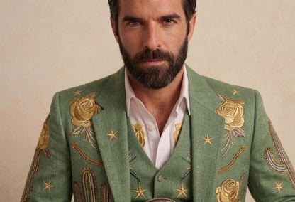 Sage Green Linen Western Embroidered 3 Piece Groom Suit, Cowboy Rodeo Outfit