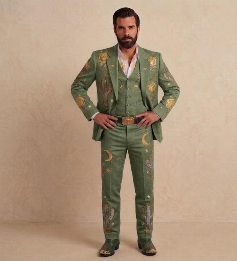 Sage Green Linen Western Embroidered 3 Piece Groom Suit, Cowboy Rodeo Outfit