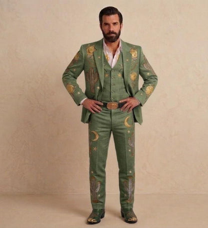 Sage Green Linen Western Embroidered 3 Piece Groom Suit, Cowboy Rodeo Outfit