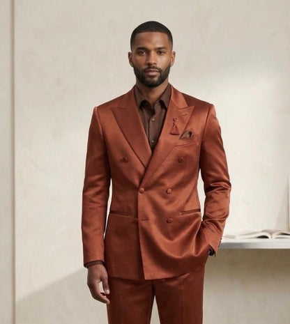 Men’s Rust Copper Satin Finish Double Breasted 3 Piece Suit
