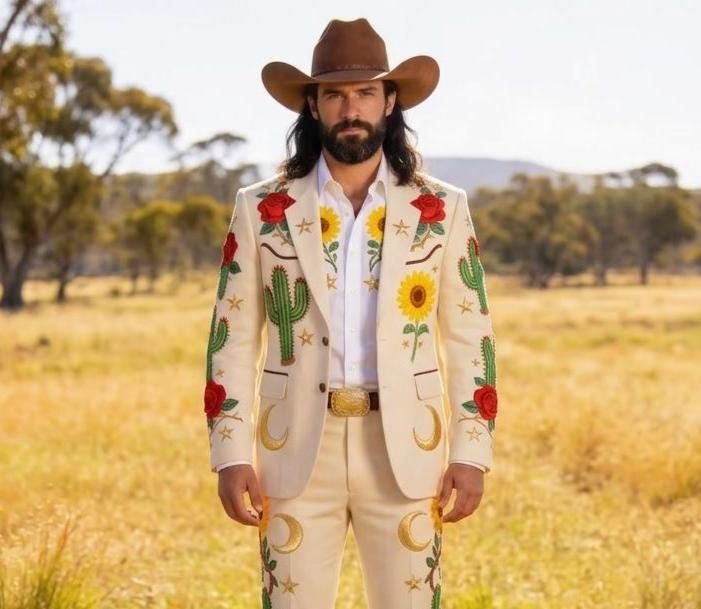 Ivory Western Embroidered Groom Suit, Cowboy Rodeo Outfit for Wedding