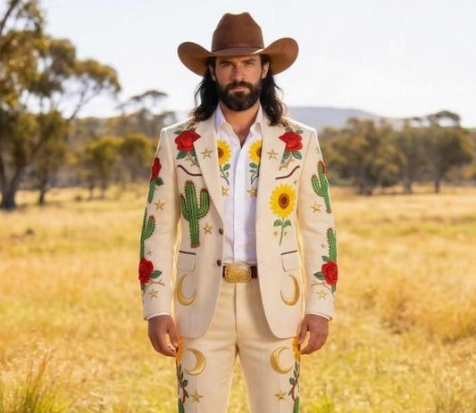 Ivory Western Embroidered Groom Suit, Cowboy Rodeo Outfit for Wedding
