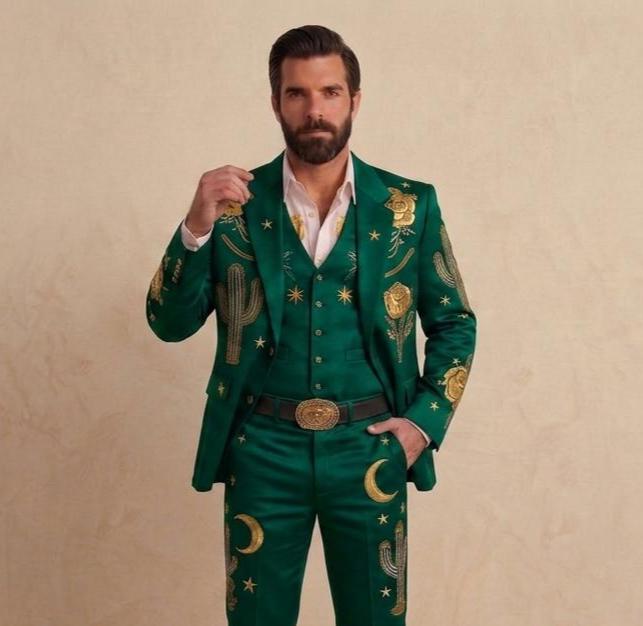 Green Western Embroidered Groom Suit, Custom Fit Cowboy Rodeo