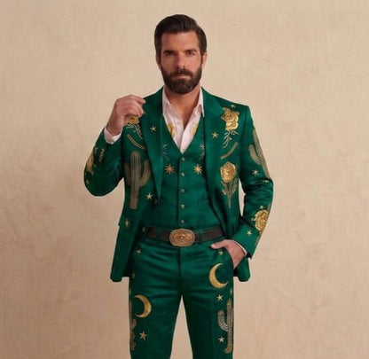 Green Western Embroidered Groom Suit, Custom Fit Cowboy Rodeo
