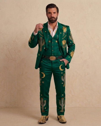 Green Western Embroidered Groom Suit, Custom Fit Cowboy Rodeo