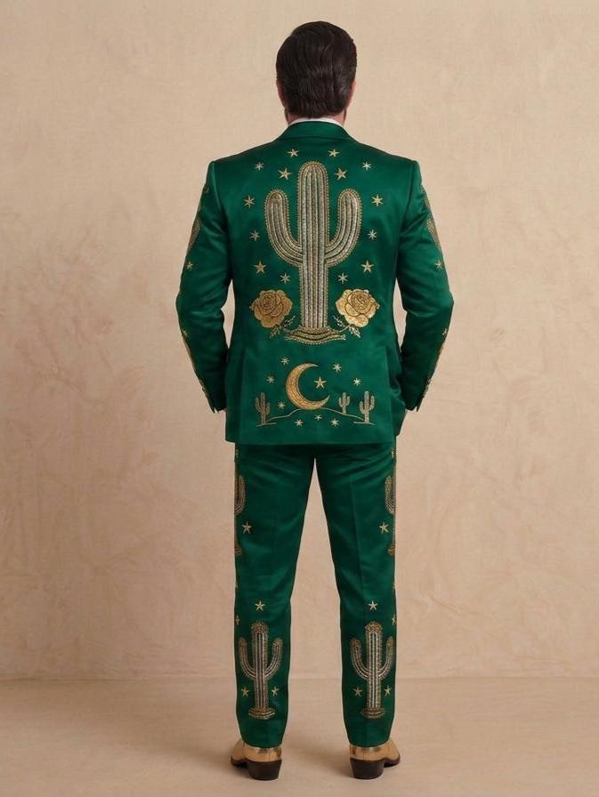 Green Western Embroidered Groom Suit, Custom Fit Cowboy Rodeo
