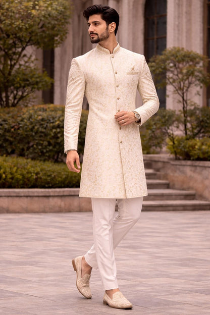 Ivory Gold Brocade Wedding Sherwani for Men, Indo Western Groom Achkan Set