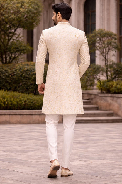 Ivory Gold Brocade Wedding Sherwani for Men, Indo Western Groom Achkan Set