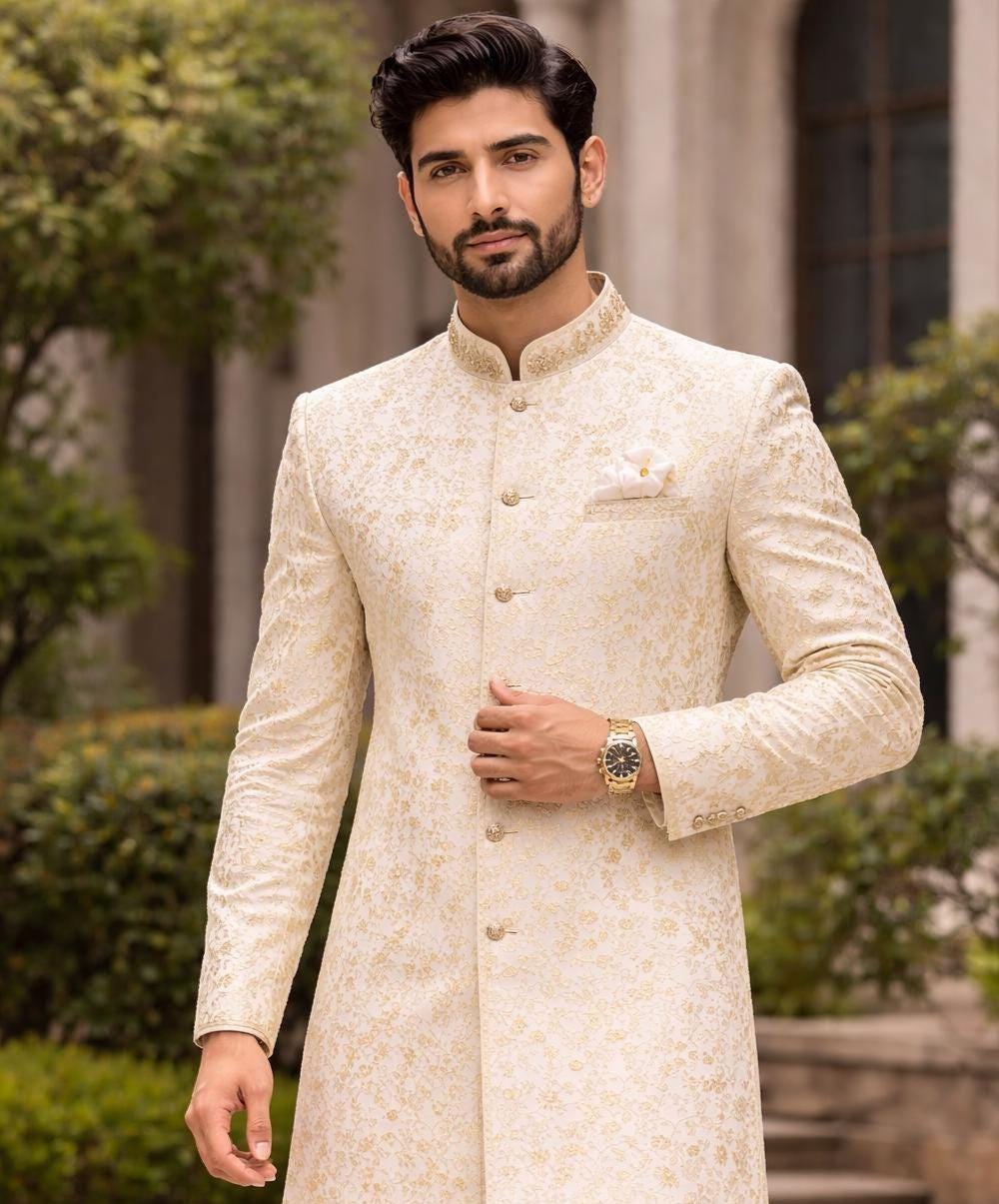Ivory Gold Brocade Wedding Sherwani for Men, Indo Western Groom Achkan Set