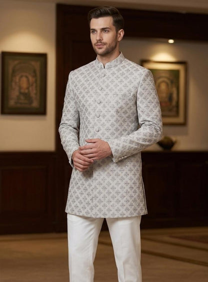 Light Grey Indo Western Sherwani for Men, Groom Wedding outfit, Custom Fit Achkan
