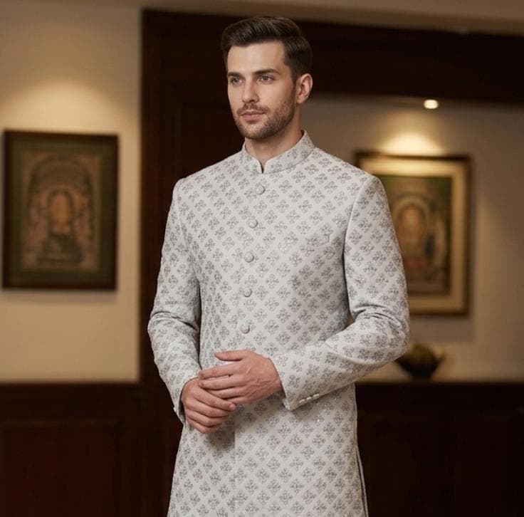 Light Grey Indo Western Sherwani for Men, Groom Wedding outfit, Custom Fit Achkan