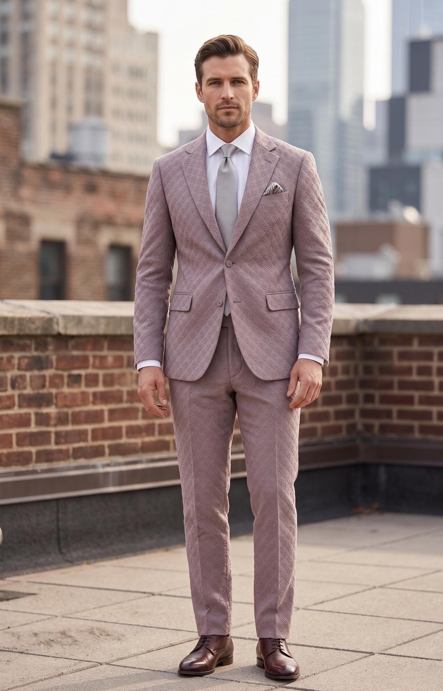 Dusty Rose Textured Jacquard Groom Suit, Custom Fit Wedding Outfit for Men