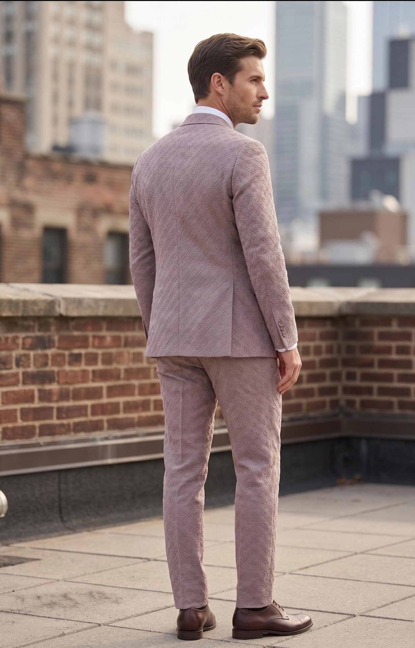 Dusty Rose Textured Jacquard Groom Suit, Custom Fit Wedding Outfit for Men