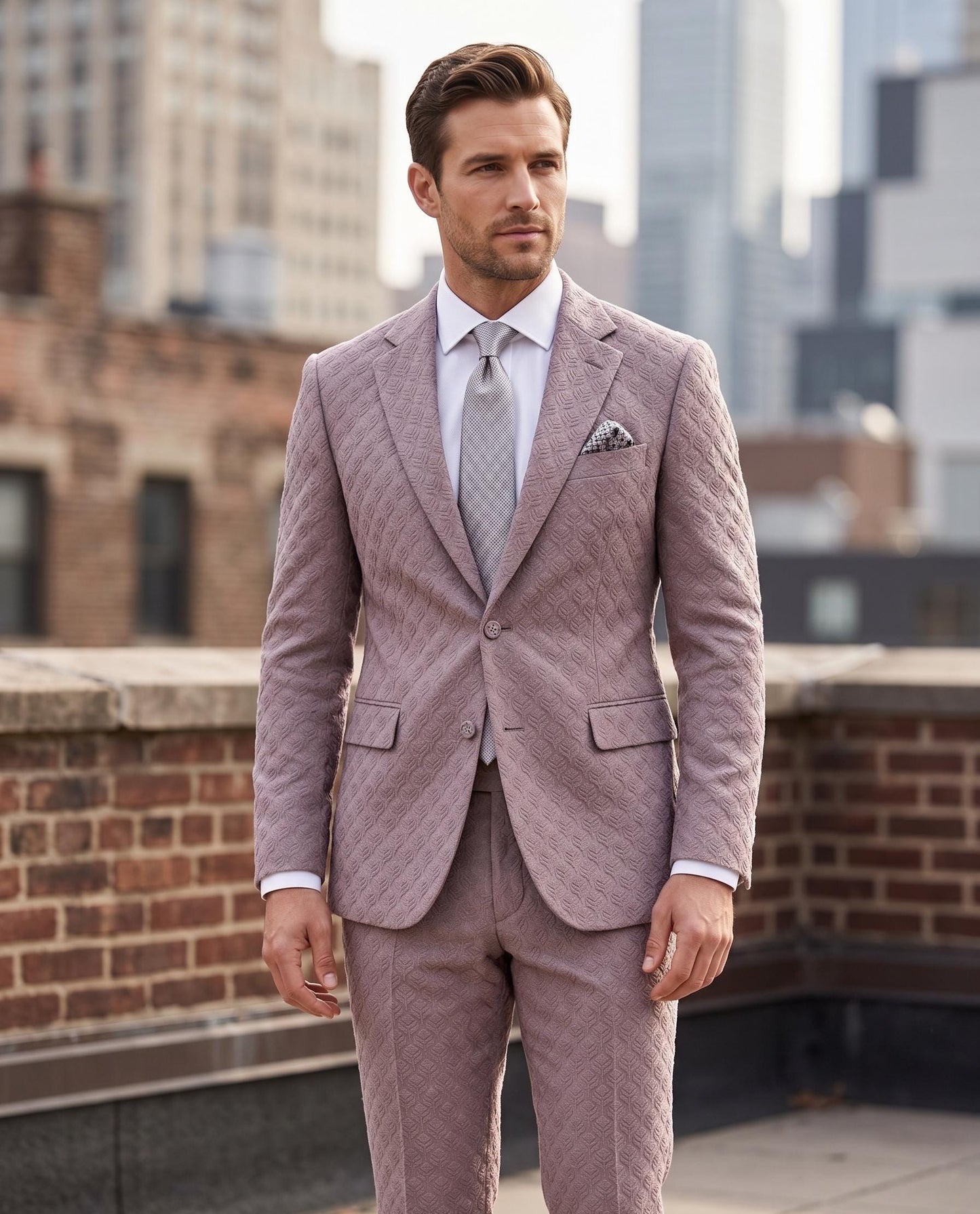 Dusty Rose Textured Jacquard Groom Suit, Custom Fit Wedding Outfit for Men