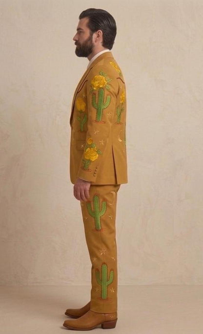 Custom Mustard Yellow Cowboy Groom Suit, Men’s Two-Piece Rodeo Wedding Outfit