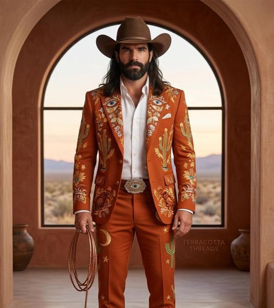 Rust Color Elegant Groom Cowboy Suit, Western Embroidered Statement Suit