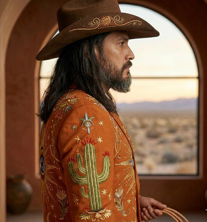 Rust Color Elegant Groom Cowboy Suit, Western Embroidered Statement Suit