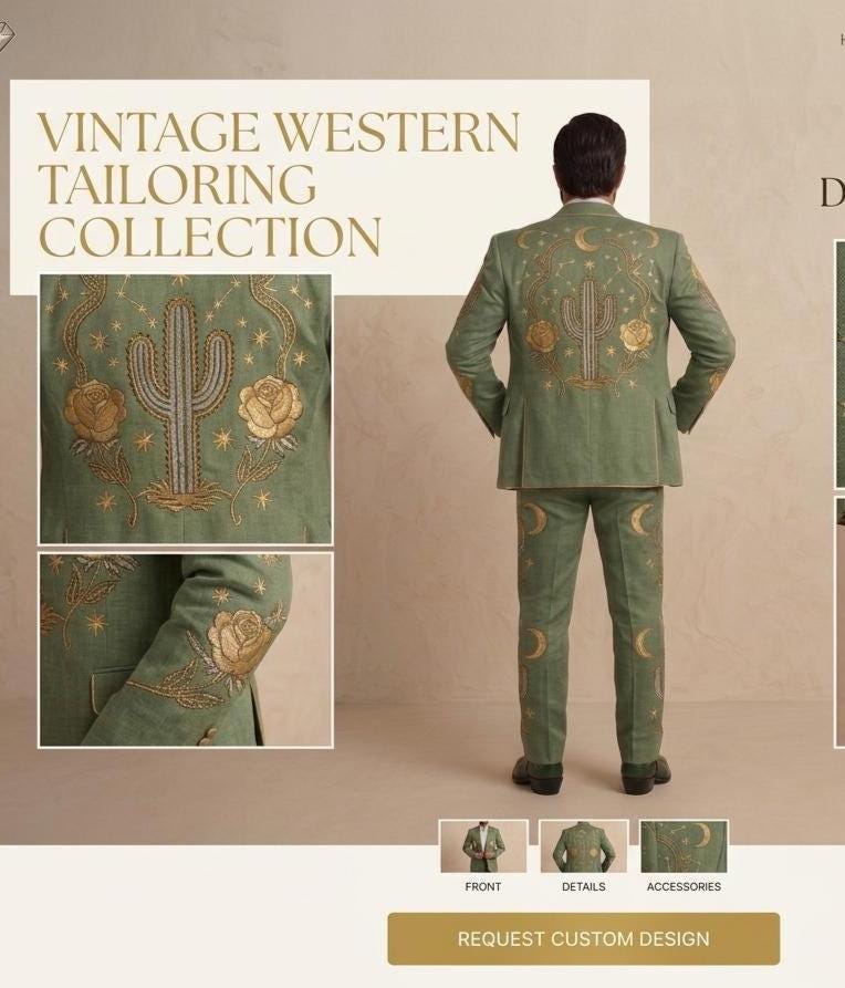 Sage Green Linen Western Embroidered 3 Piece Groom Suit, Cowboy Rodeo Outfit