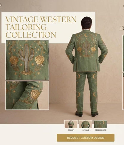 Sage Green Linen Western Embroidered 3 Piece Groom Suit, Cowboy Rodeo Outfit