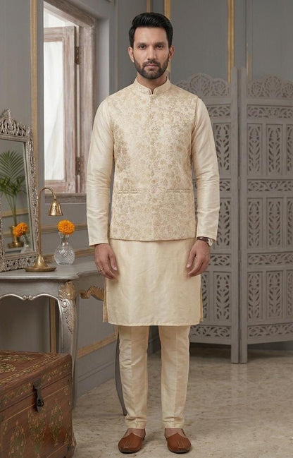 Men's Ivory Gold Brocade Kurta Pajama Set with Jacket, Groom Wedding Nehru Bandi
