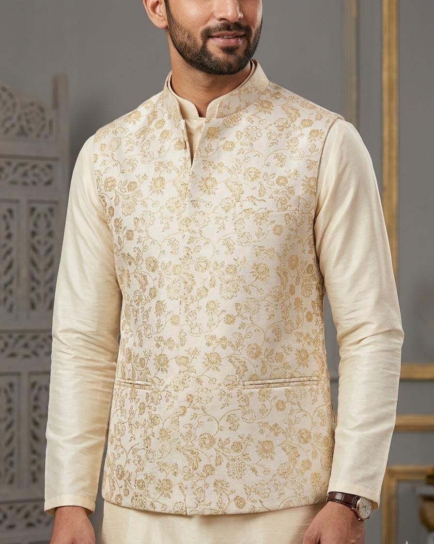 Men's Ivory Gold Brocade Kurta Pajama Set with Jacket, Groom Wedding Nehru Bandi