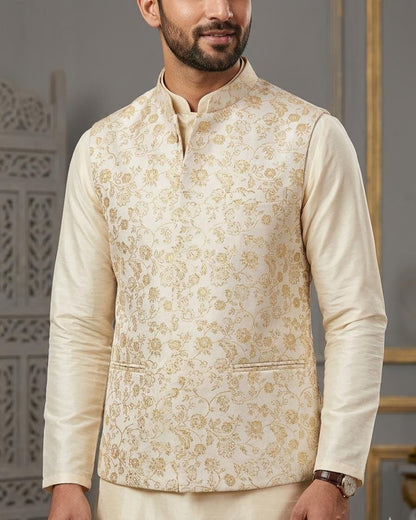 Men's Ivory Gold Brocade Kurta Pajama Set with Jacket, Groom Wedding Nehru Bandi