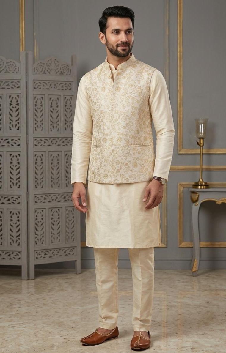 Men's Ivory Gold Brocade Kurta Pajama Set with Jacket, Groom Wedding Nehru Bandi