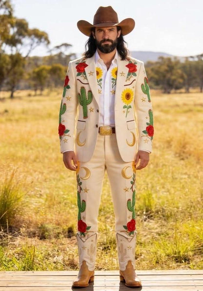 Ivory Western Embroidered Groom Suit, Cowboy Rodeo Outfit for Wedding