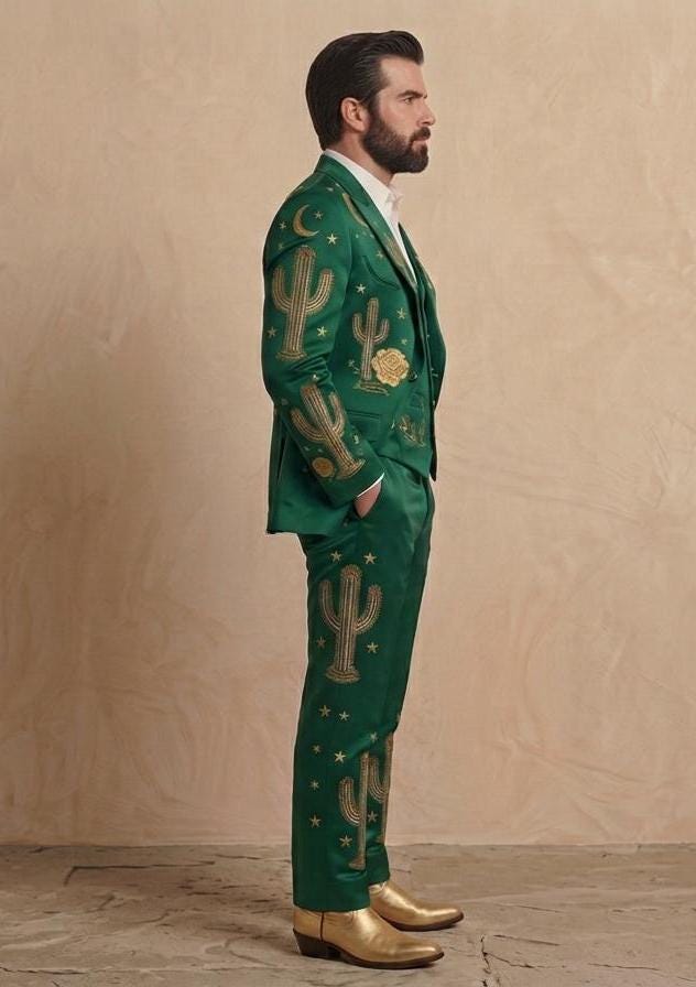 Green Western Embroidered Groom Suit, Custom Fit Cowboy Rodeo