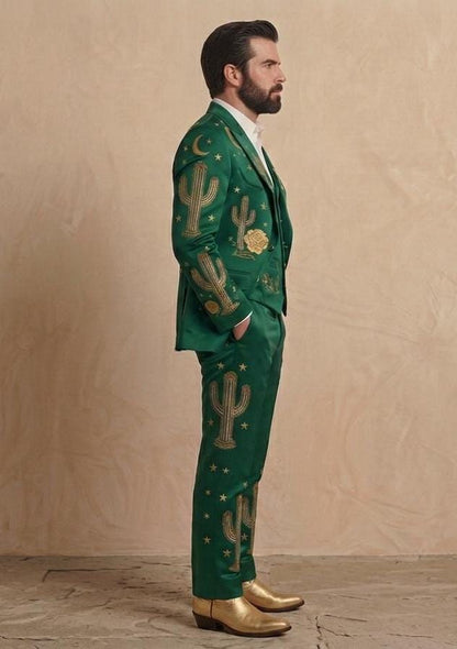 Green Western Embroidered Groom Suit, Custom Fit Cowboy Rodeo
