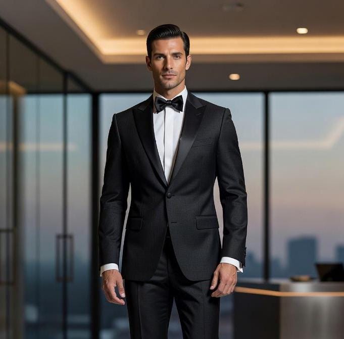 Men's Black Tuxedo Suit, Elegant Groom Wedding Dinner Suit